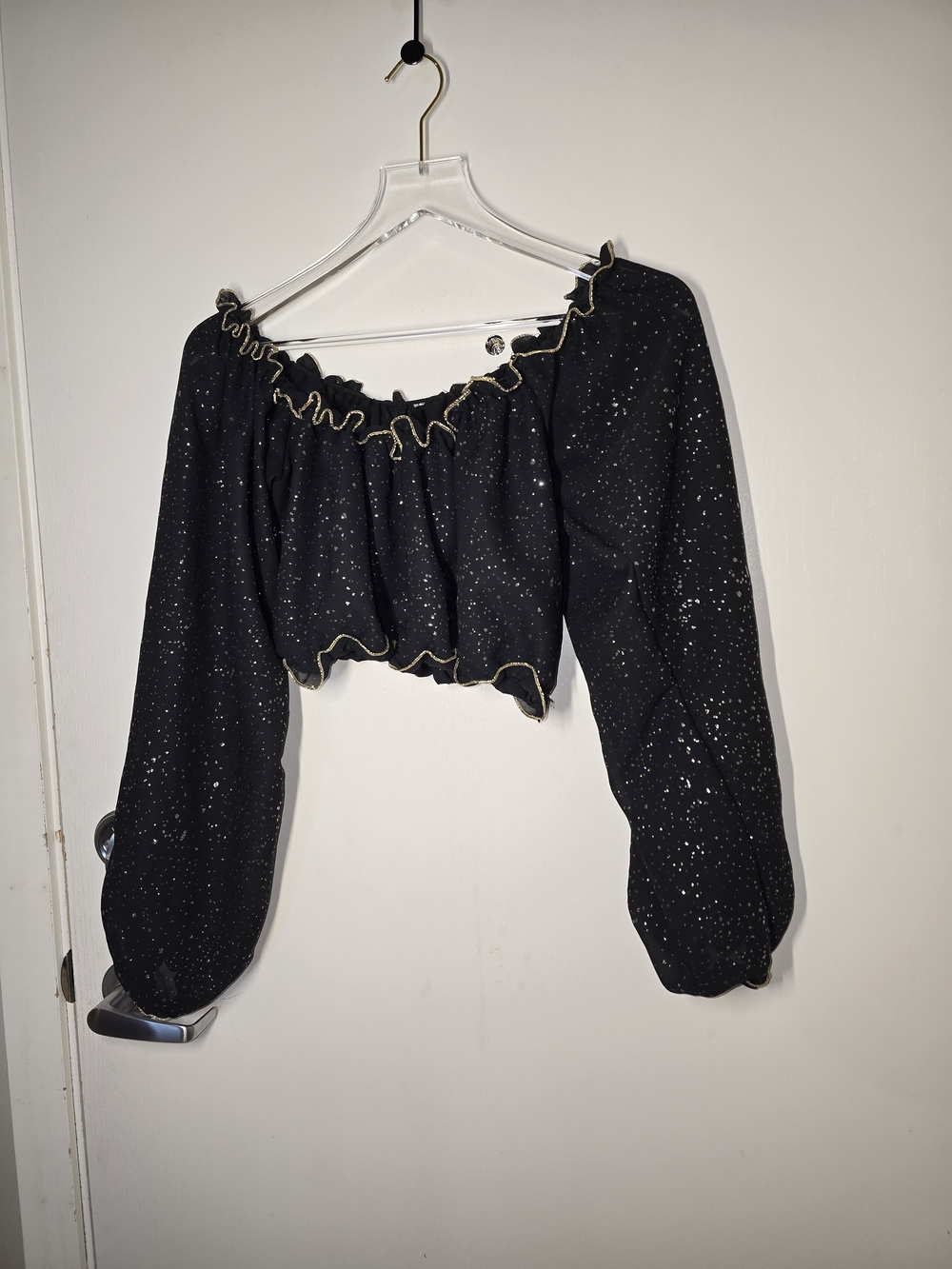 Black Ruffle Off-Shoulder Crop Top with Gold Trim Dance Wear.